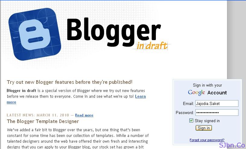 login page of blogger in draft